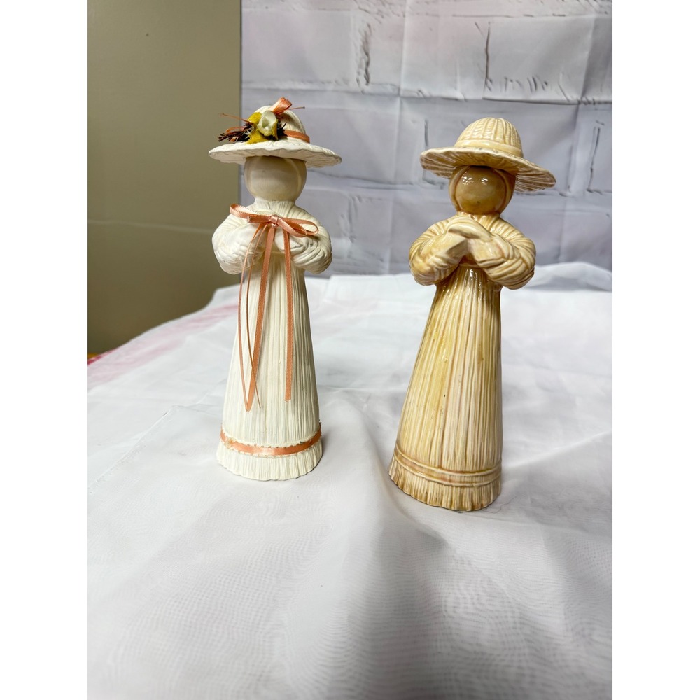 Vintage Ceramic Corn Husk Doll Figurines Set of 2 Farmhouse Folk Art Decor